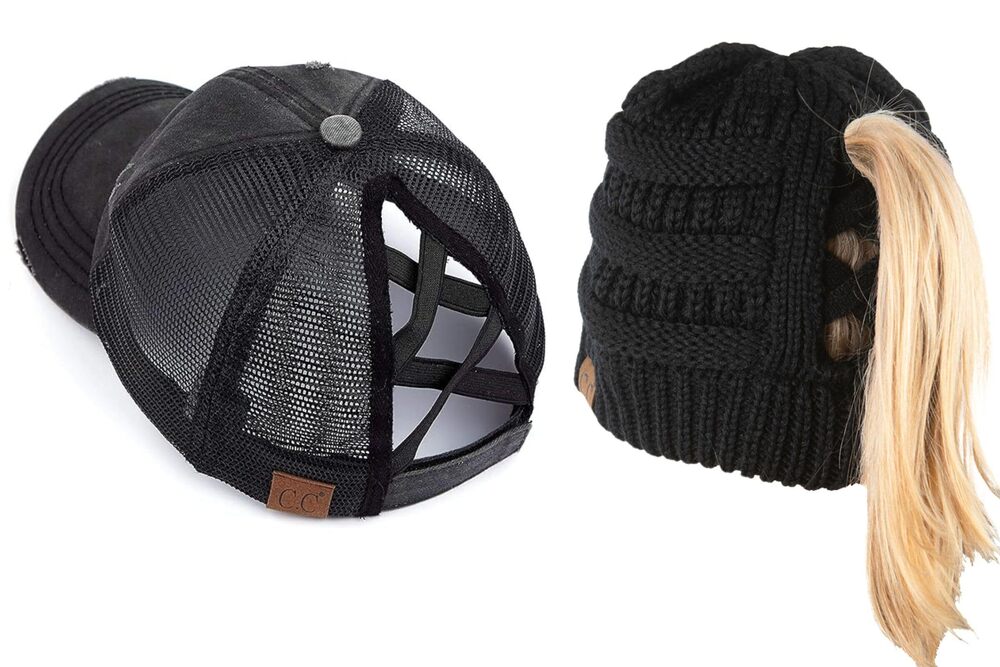 7035 2 Pack: Ponytail Messy Bun Trucker Ponycap Distressed Black w/Criss